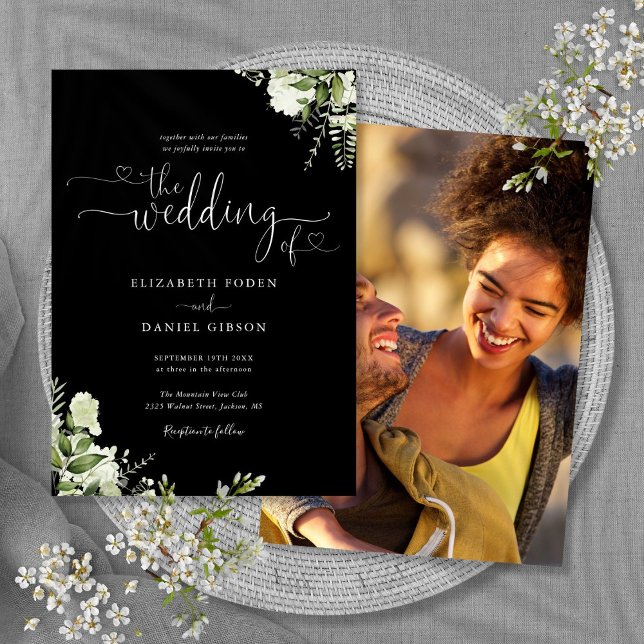 Convites Coração Preto E Branco Folhagem Script Foto Casame (Black And White Heart Script Foliage Photo Wedding Invitation)