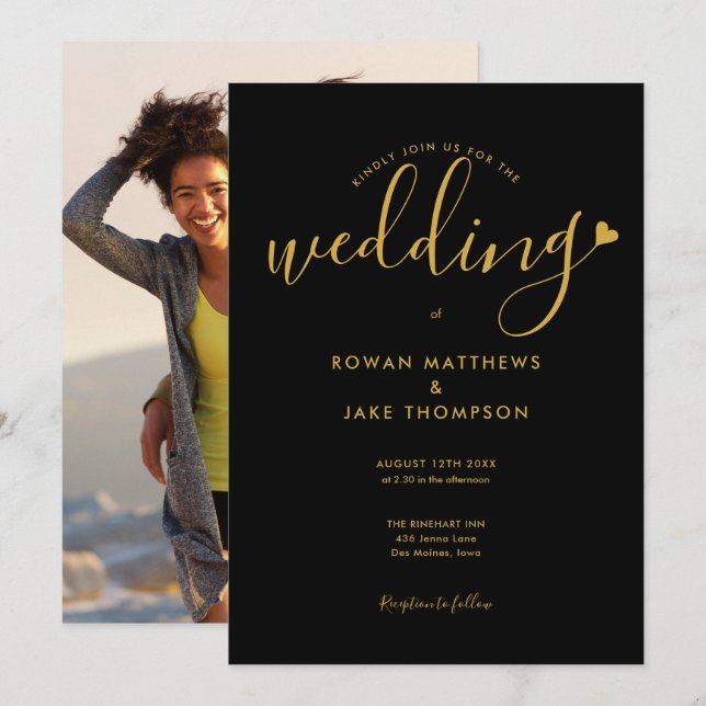 Convites Coração Preto e Dourado Elegante Foto de Capa de C (Frente/Verso)