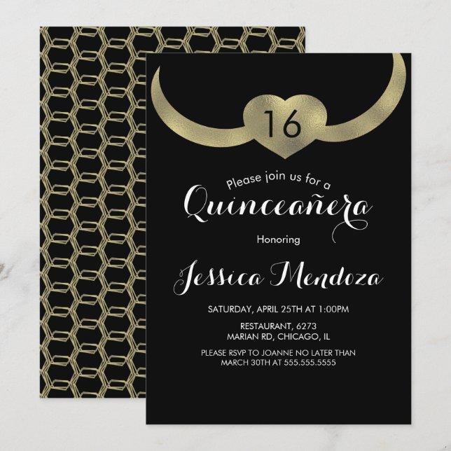 Convites Coração Quinceañera Doce 16 Folha de Ouro (Frente/Verso)