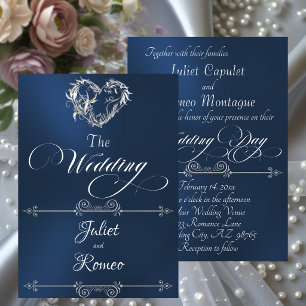 Convites Coração Romântico & Caligrafia em Azul - Casamento