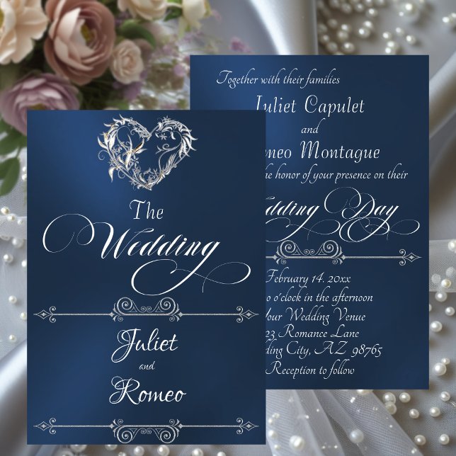 Convites Coração Romântico & Caligrafia em Azul - Casamento (Criador carregado)