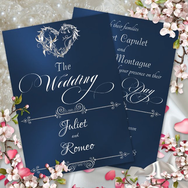 Convites Coração Romântico & Caligrafia em Azul - Casamento (Criador carregado)