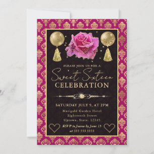 Convites Coração Rosa e Dourado Damasco e Rosa Sweet Sixtee