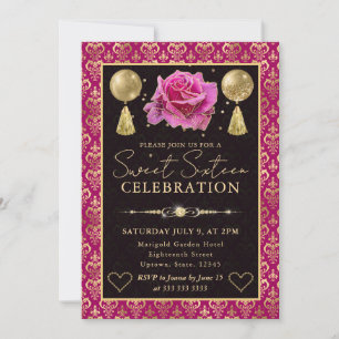 Convites Coração Rosa e Dourado Damasco e Rosa Sweet Sixtee