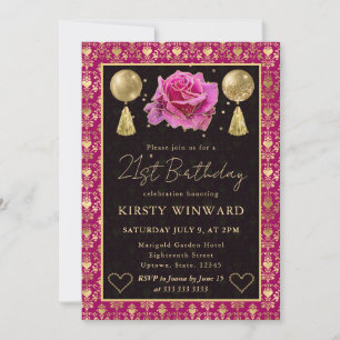 Convites Coração Rosa e Dourado Damask e Rosa Aniversário d