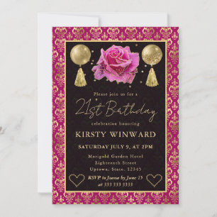 Convites Coração Rosa e Dourado Damask e Rosa Aniversário d