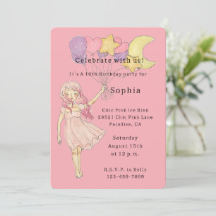 Convites Coração Rosa Menina Estrelas Lua Balões Aniversári