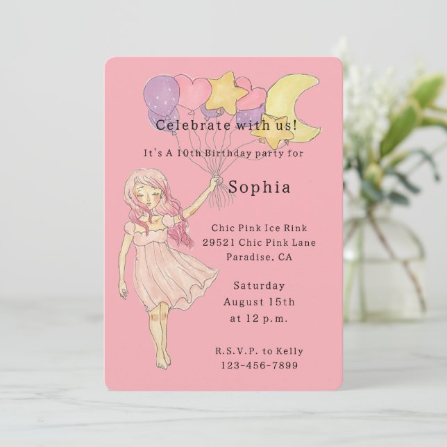 Convites Coração Rosa Menina Estrelas Lua Balões Aniversári (Em pé/Frente)