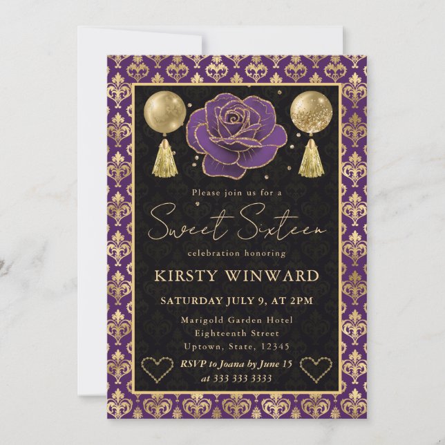 Convites Coração Roxo e Dourado Damasco e Rosa Sweet 16 (Frente)