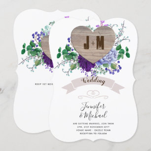 Convites Coração Rústico Gravado Monograma Queda Floral