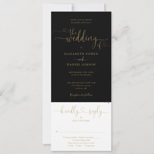 Convites Coração Script Preto e Dourado Tudo em Um Casament (Frente)