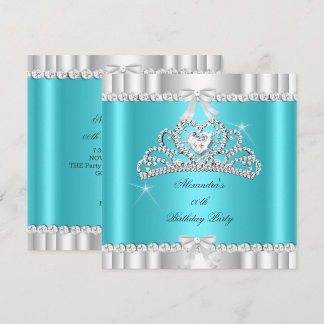 Convites Coração Tiara Azul-Teal Elegante (Frente/Verso)