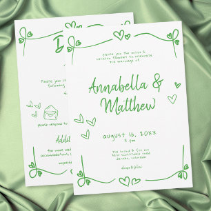 Convites Coração Verde Desenhado à Mão Caprichoso Casamento