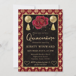 Convites Coração Vermelho e Dourado Damasco e Rosa Quincean