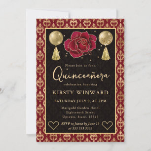 Convites Coração Vermelho e Dourado Damasco e Rosa Quincean