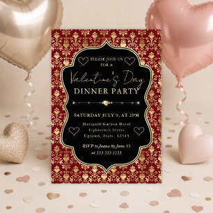 Convites Coração Vermelho e Dourado Damask Festa de Jantar