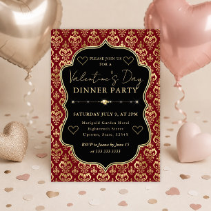 Convites Coração Vermelho e Dourado Damask Jantar de Dia do
