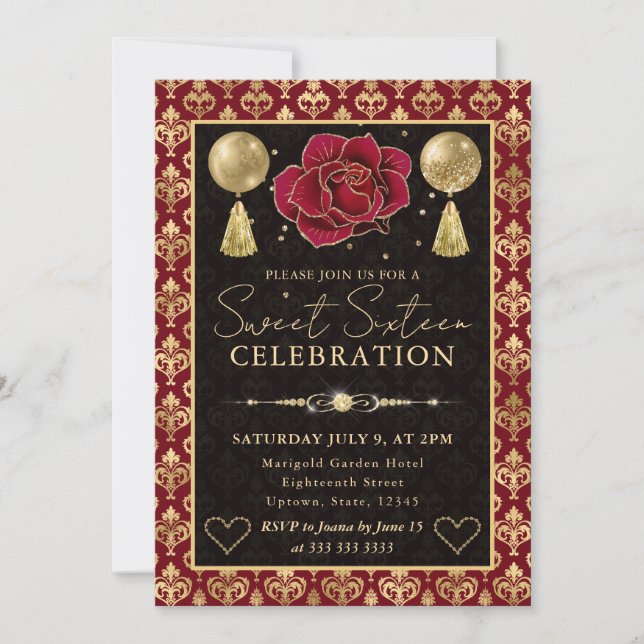 Convites Coração Vermelho e Dourado Damask & Rosa Sweet Six (Frente)