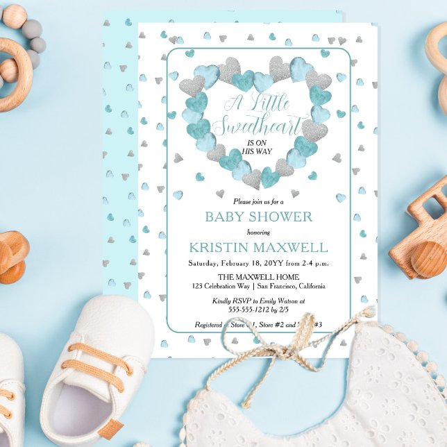 Convites Corações Azuis Sob Um Pequeno Chá de fraldas (A Little Sweetheart Is On His Way Sweet Hearts Theme Boy Baby Shower Invitation - Print | Digital)