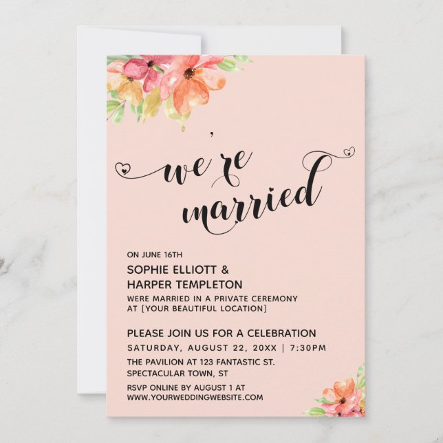 Convites Corações Casados Script Blush Boho Florais (Frente)