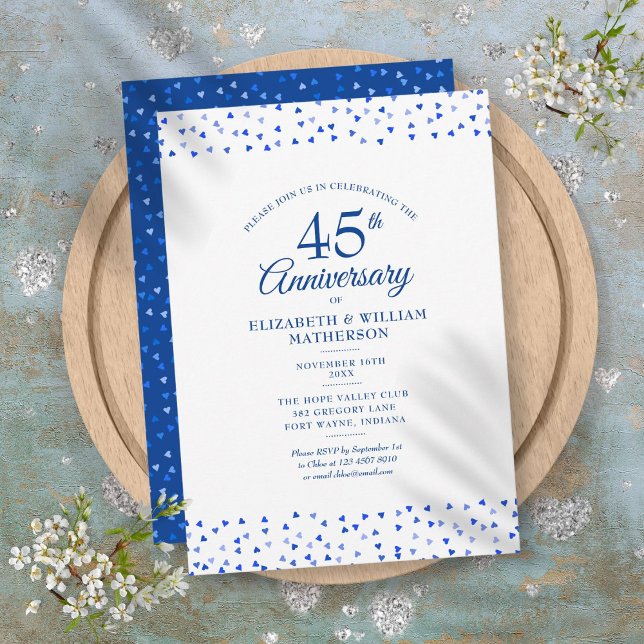 Convites Corações de Amor Azuis Safira de Aniversário de 45 (45th 65th Anniversary Sapphire Blue Love Hearts Invitation)