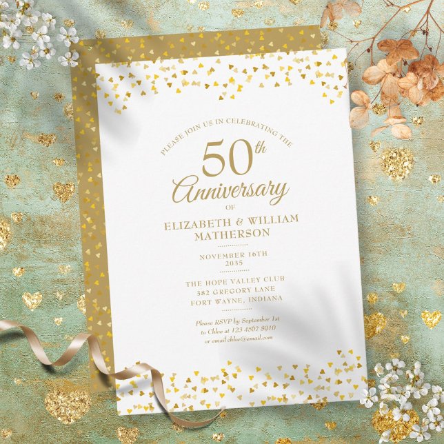Convites Corações de Amor do Ouro de 50 anos (50th Anniversary Golden Love Hearts Invitation)