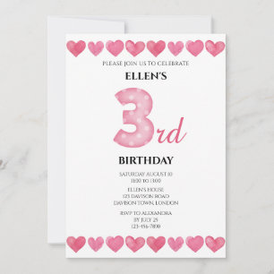 Convites Corações de Amor Rosa Aniversário de 3 anos Foto