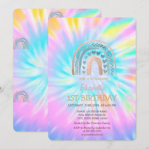 Convites Corações de Arco-íris em Aquarela Tie Dye Aniversá