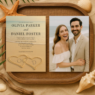 Convites Corações de Areia de Praia Foto Tropical Casamento