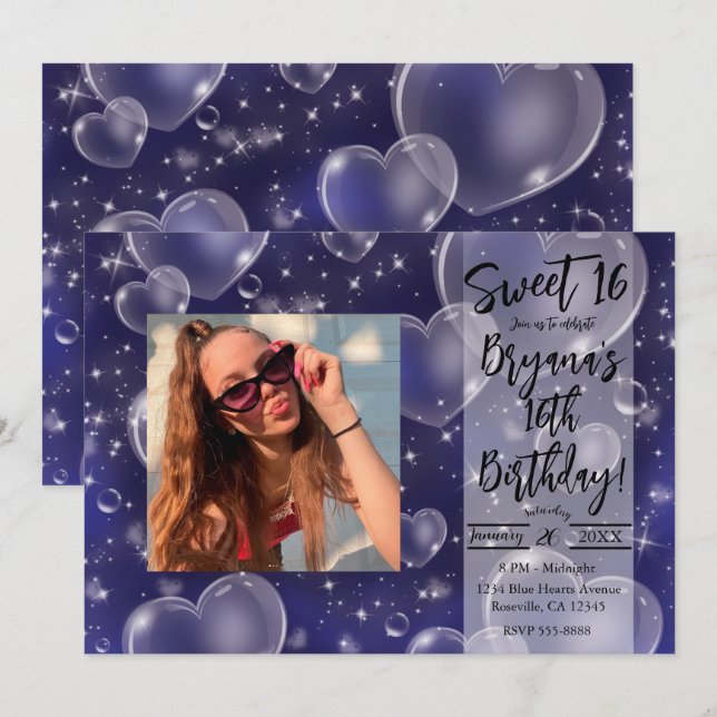 Convites Corações de Bolha Azul Fofos Festa de Aniversário  (Frente/Verso)