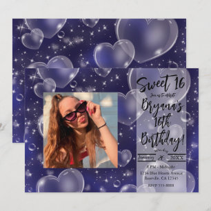 Convites Corações de Bolha Azul Fofos Festa de Aniversário 