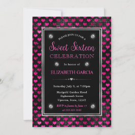 Convites Corações de Brilho Rosa e Preto Sweet Sixteen