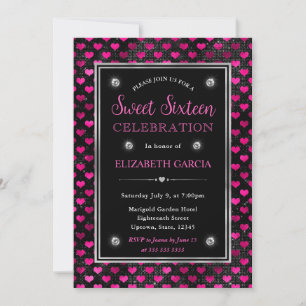 Convites Corações de Brilho Rosa e Preto Sweet Sixteen