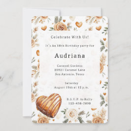 Convites Corações de Creme Carmel Floral Caramelo Aniversár