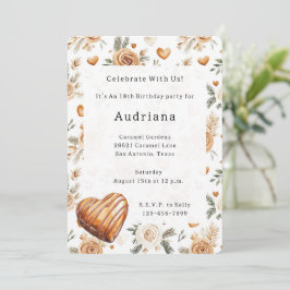 Convites Corações de Creme Carmel Floral Caramelo Aniversár