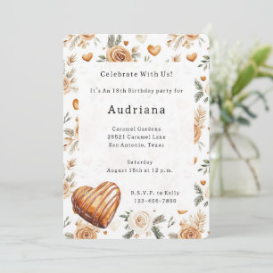 Convites Corações de Creme Carmel Floral Caramelo Aniversár