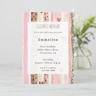 Convites Corações de Creme Rosa Stripes-Leopardo Aniversári
