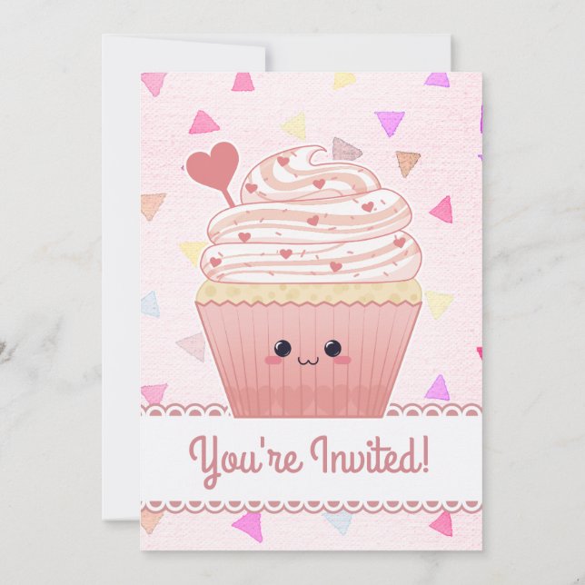 Convites Corações de Cupcake Kawaii rosa (Verso)
