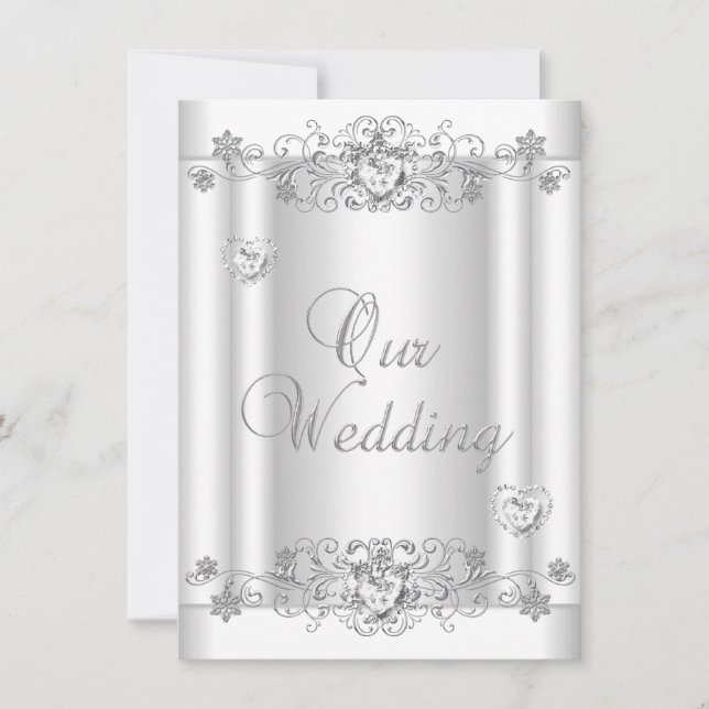 Convites Corações de Diamante Branco Prata Casamento (Frente)