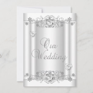 Convites Corações de Diamante Branco Prata Casamento
