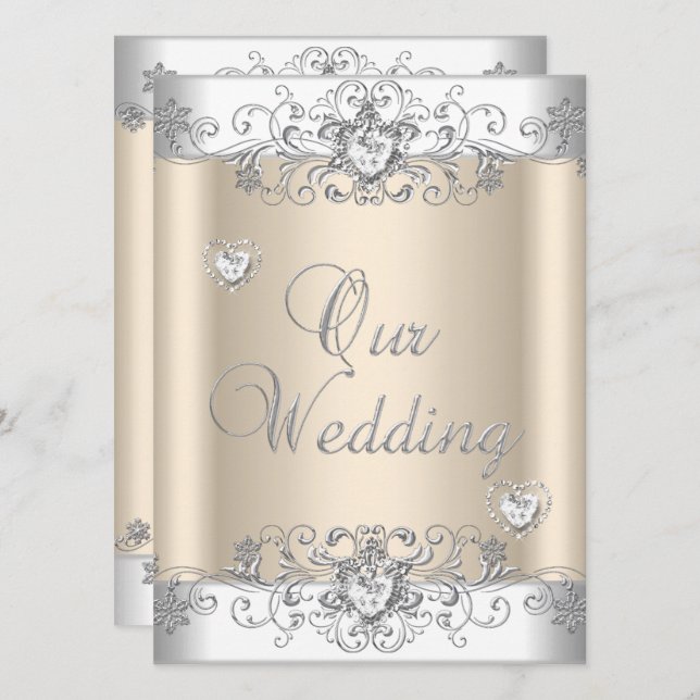 Convites Corações de Diamante Branco Prata Casamento Creme (Frente/Verso)