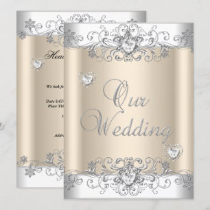 Convites Corações de Diamante Branco Prata Casamento Creme