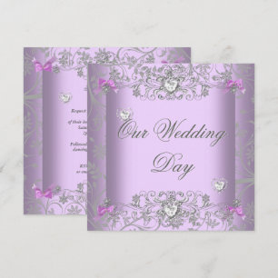 Convites Corações de Diamante Prata Casamento Damask Lilás