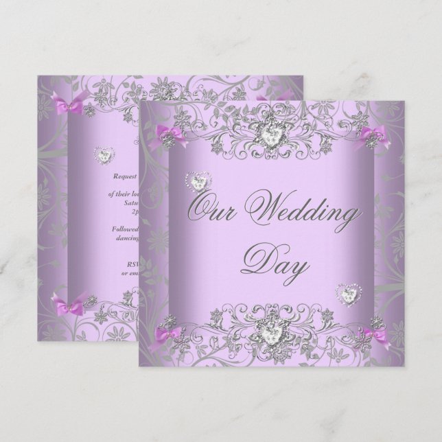 Convites Corações de Diamante Prata Casamento Damask Lilás (Frente/Verso)