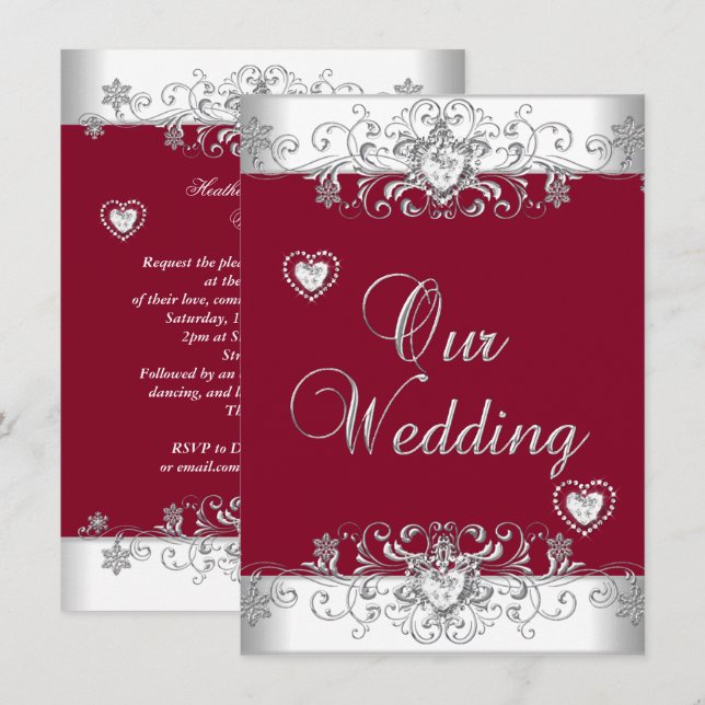 Convites Corações de Diamante Prata Casamento Vermelho Borg (Frente/Verso)