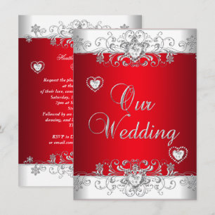 Convites Corações de Diamante Prata Casamento Vermelho Real