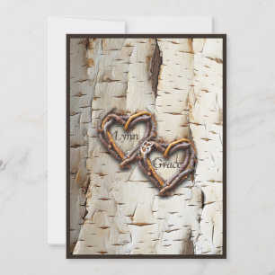 Convites Corações de Latido Rustic Stick de Árvore White Bi