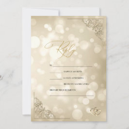 Convites Corações de Ouro Elegantes Moldura Bokeh RSVP
