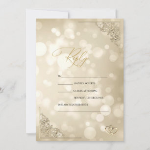Convites Corações de Ouro Elegantes Moldura Bokeh RSVP