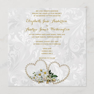 Convites Corações de Pérola e Flores Casamento Damask